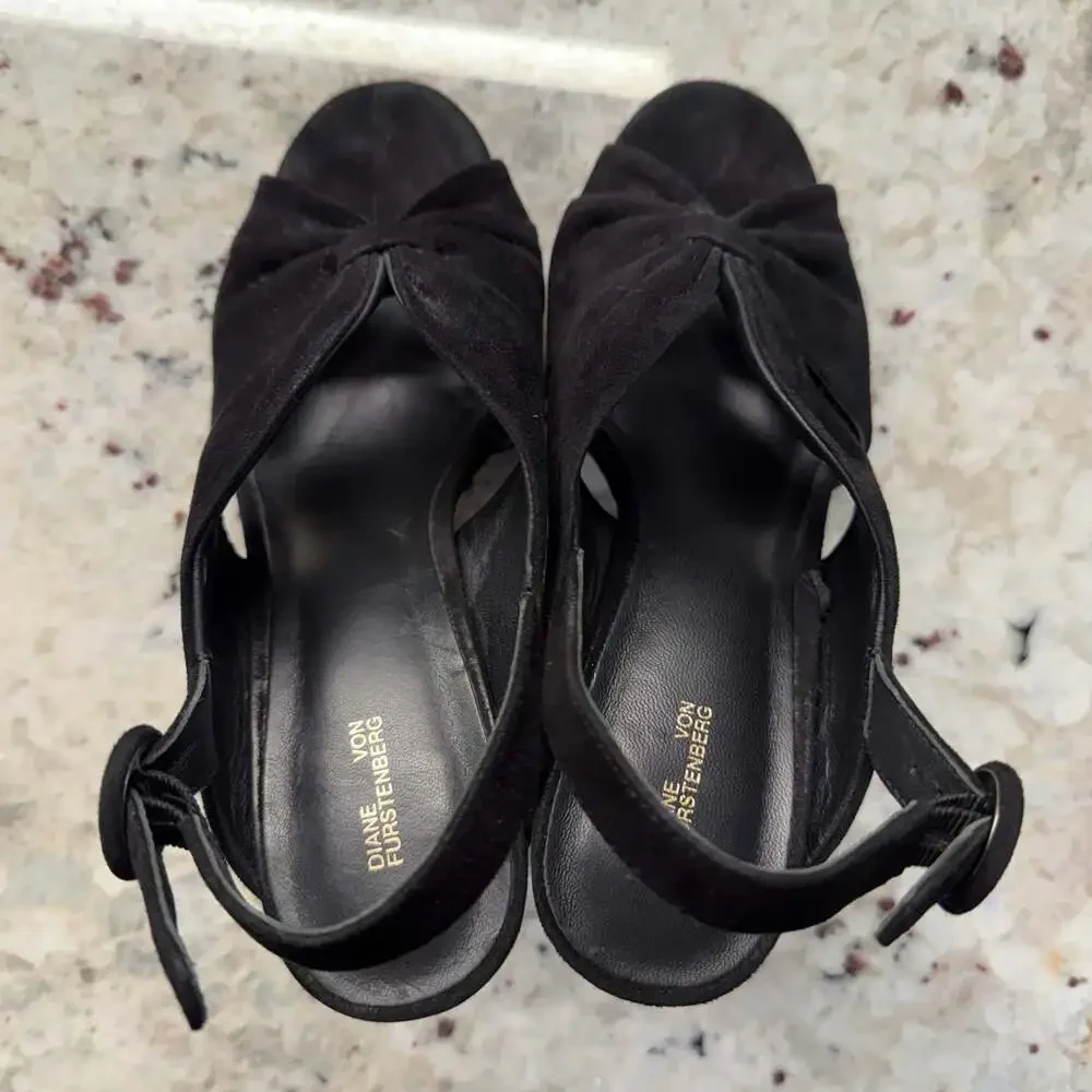 Diane von Furstenberg Sz 7 Black Suede Knotted Heidi Slingback Platform Sandal‎